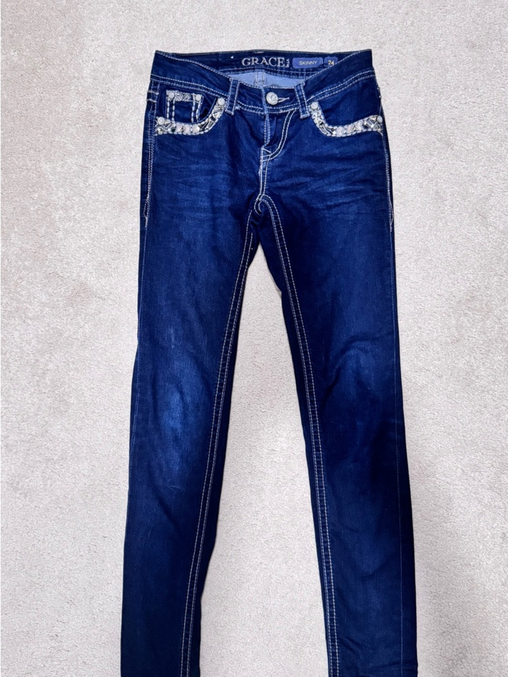 Grace in LA Indigo Skinny Jeans with Embellished Pockets